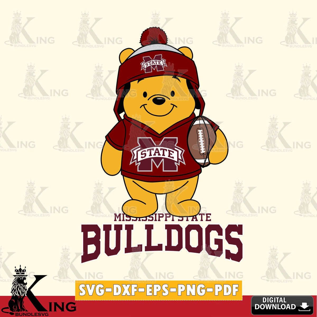 Printable art of Mississippi State Bulldogs Winnie the Pooh football player, SVG cut file for personalized gifts and laser