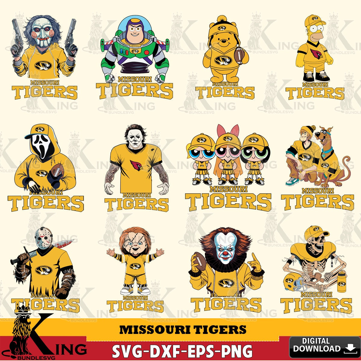 Ultimate set containing Missouri Tigers Cartoon Football NCAA Bundle digital clipart compatible with laser engraving and cutting