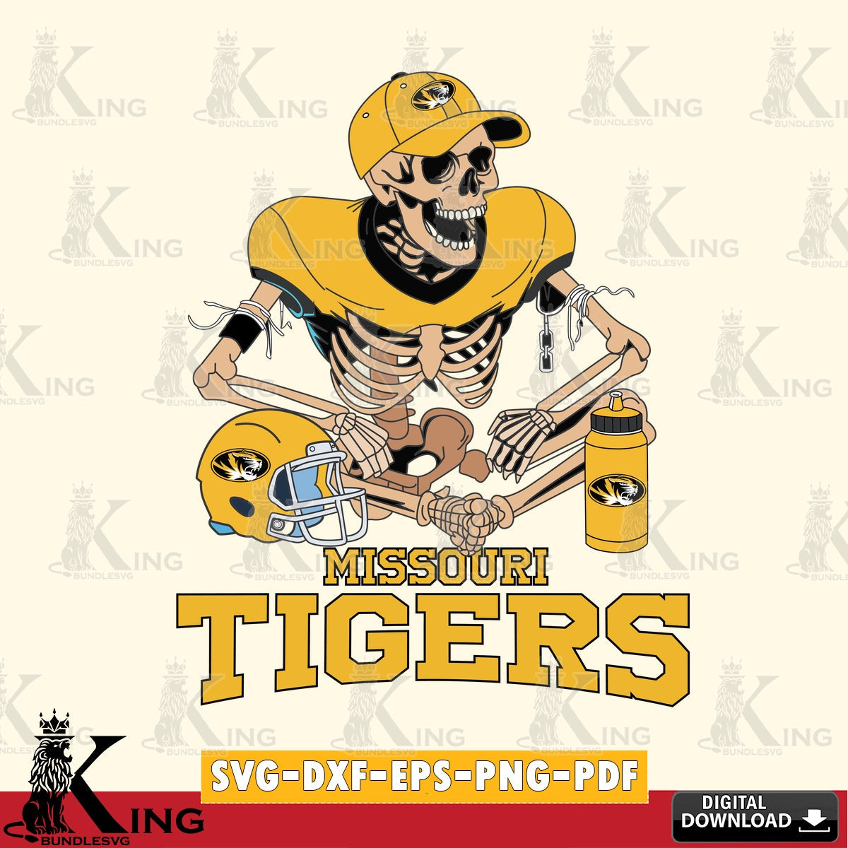 Artistic drawing of a Missouri Tigers skeleton player football, NCAA, digital clipart compatible with laser engraving and cutting