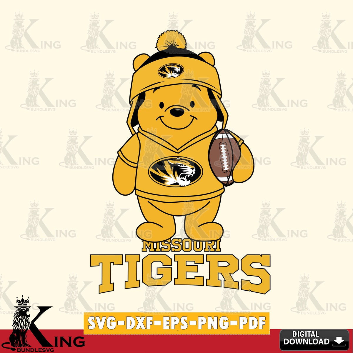 High-quality graphic of Missouri Tigers Winnie the Pooh player Football, a printable vector design for sublimation and crafts