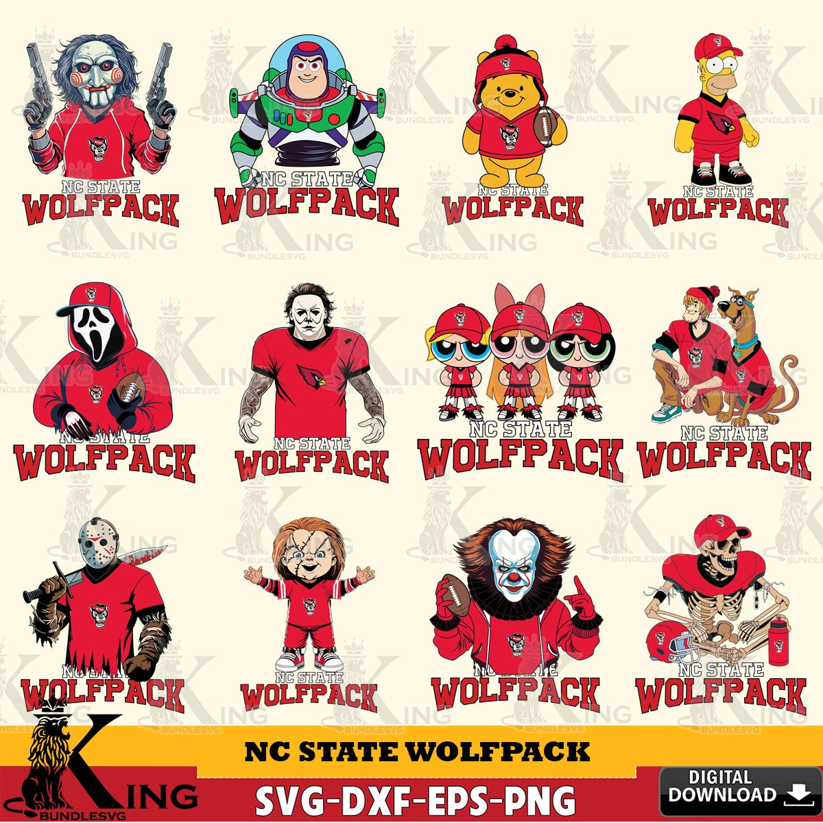Mega bundle containing NC State Wolfpack cartoon football NCAA designs, versatile clip art for stickers, decals, and mugs.