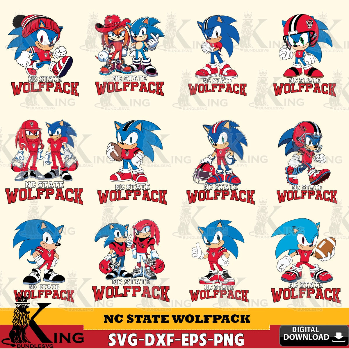Variety pack of NC State Wolfpack Sonic & Knuckles NCAA Football bundle vector art for engraving, cutting, and printing