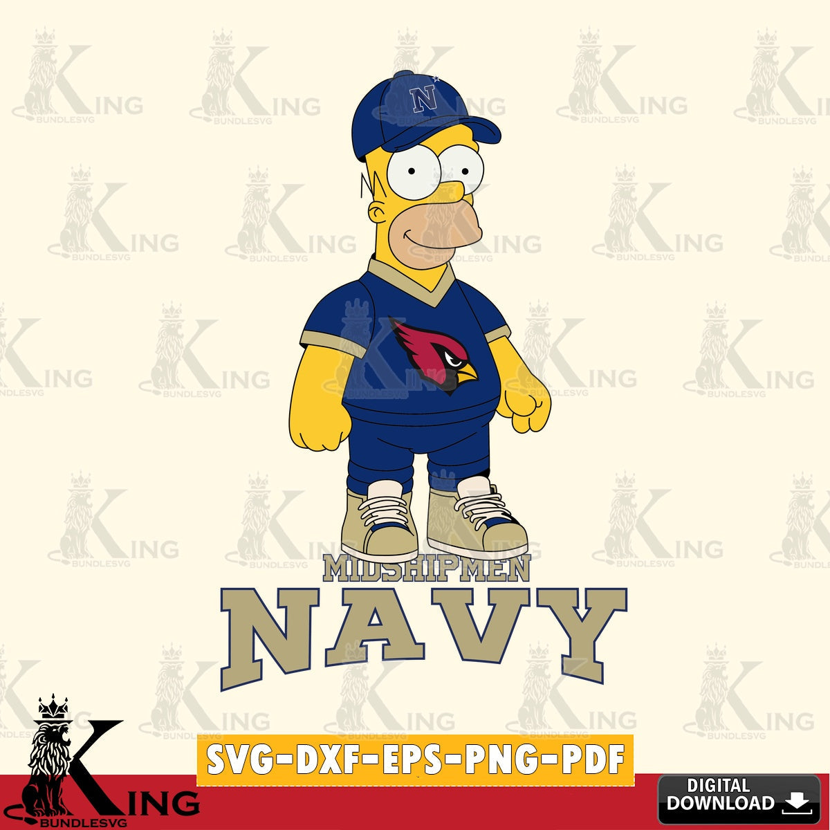 Detailed illustration of Navy Midshipmen Homer Simpson playing football, a vector illustration for POD merchandise and apparel