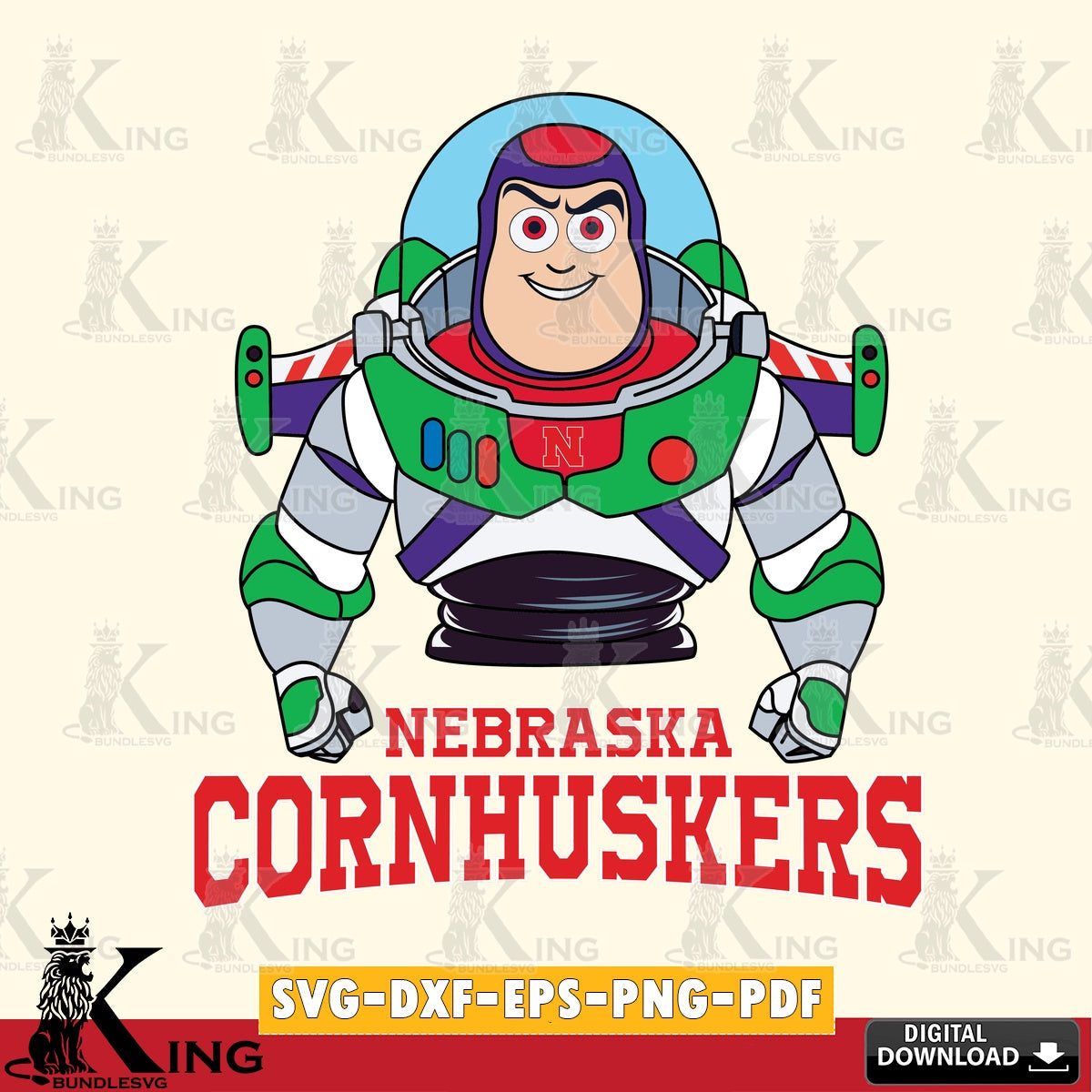 Beautiful illustration of a Nebraska Cornhuskers Buzz Lightyear football design, cut file ideal for vinyl projects and T-shirt