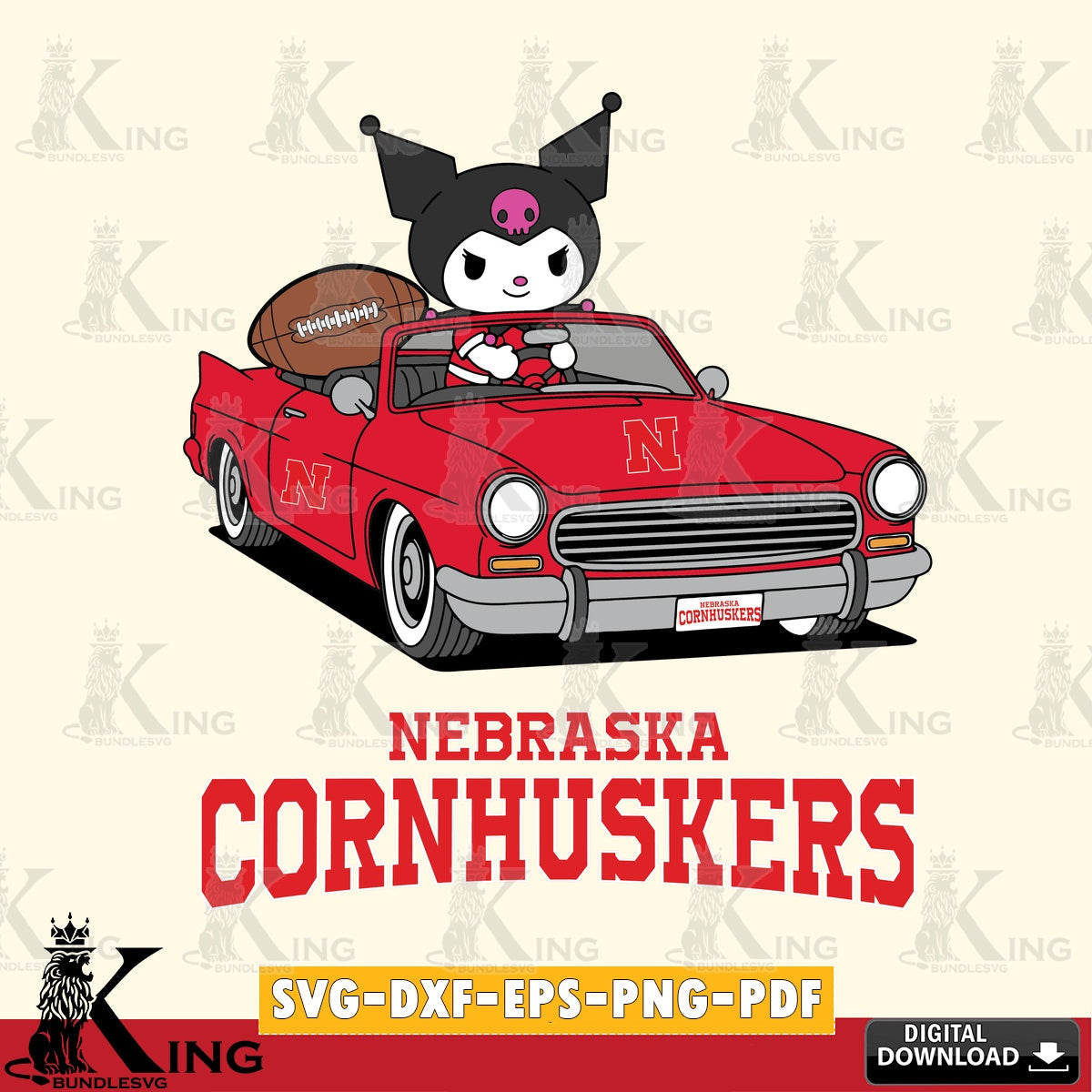 Nebraska Cornhuskers Kuromi Car Football Game SVG file, Cricut, Cut file , Digital Download , Instant Download, Sanrio svg, Clipart