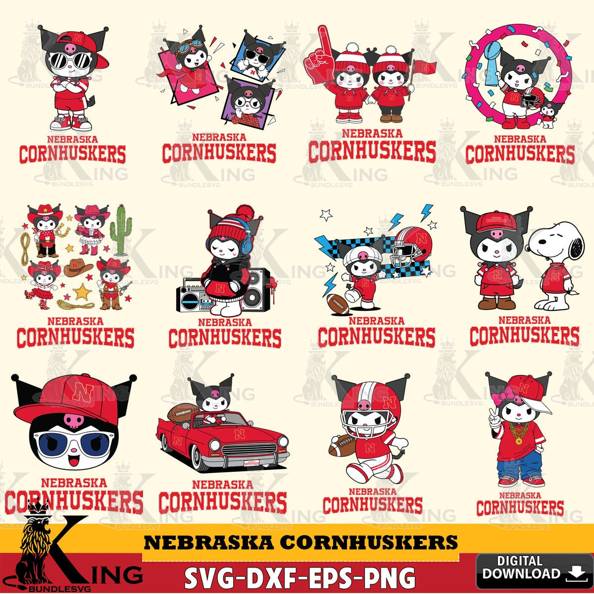 Nebraska Cornhuskers Kuromi Football Jersey NCAA Bundle SVG file, Cricut, Cut file , Digital Download , Instant Download, Sanrio svg, Clipart