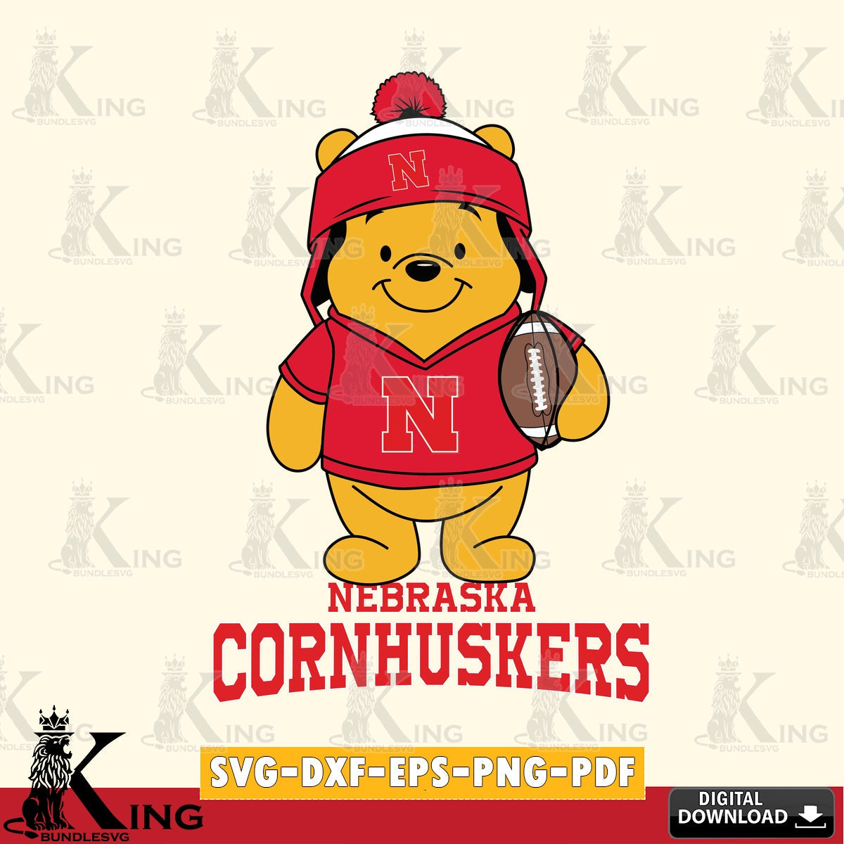 Detailed illustration of Nebraska Cornhuskers Winnie the Pooh player Football, NCAA SVG PNG design suitable for Glowforge and