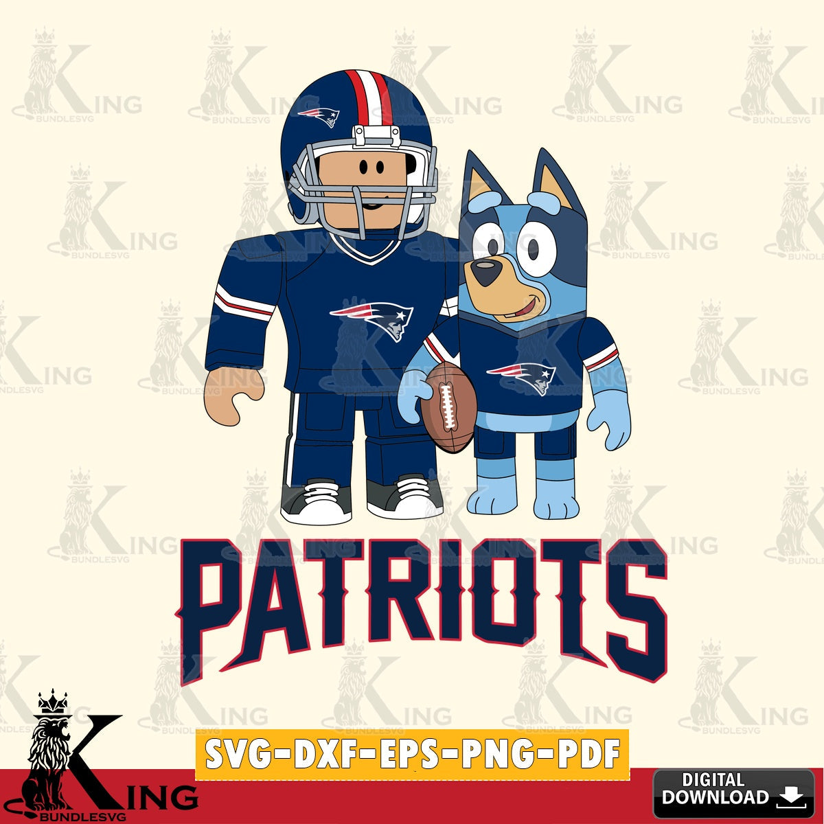 Hand-drawn style art of New England Patriots Roblox Bluey football, Cricut, NFL cut, digital clipart compatible with laser
