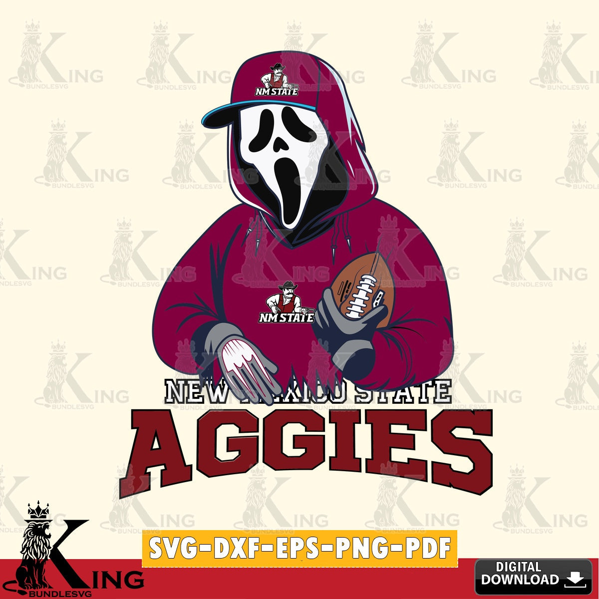 Artistic drawing of New Mexico State Aggies Ghostface Scream football player, PNG clipart for sublimation printing and graphic