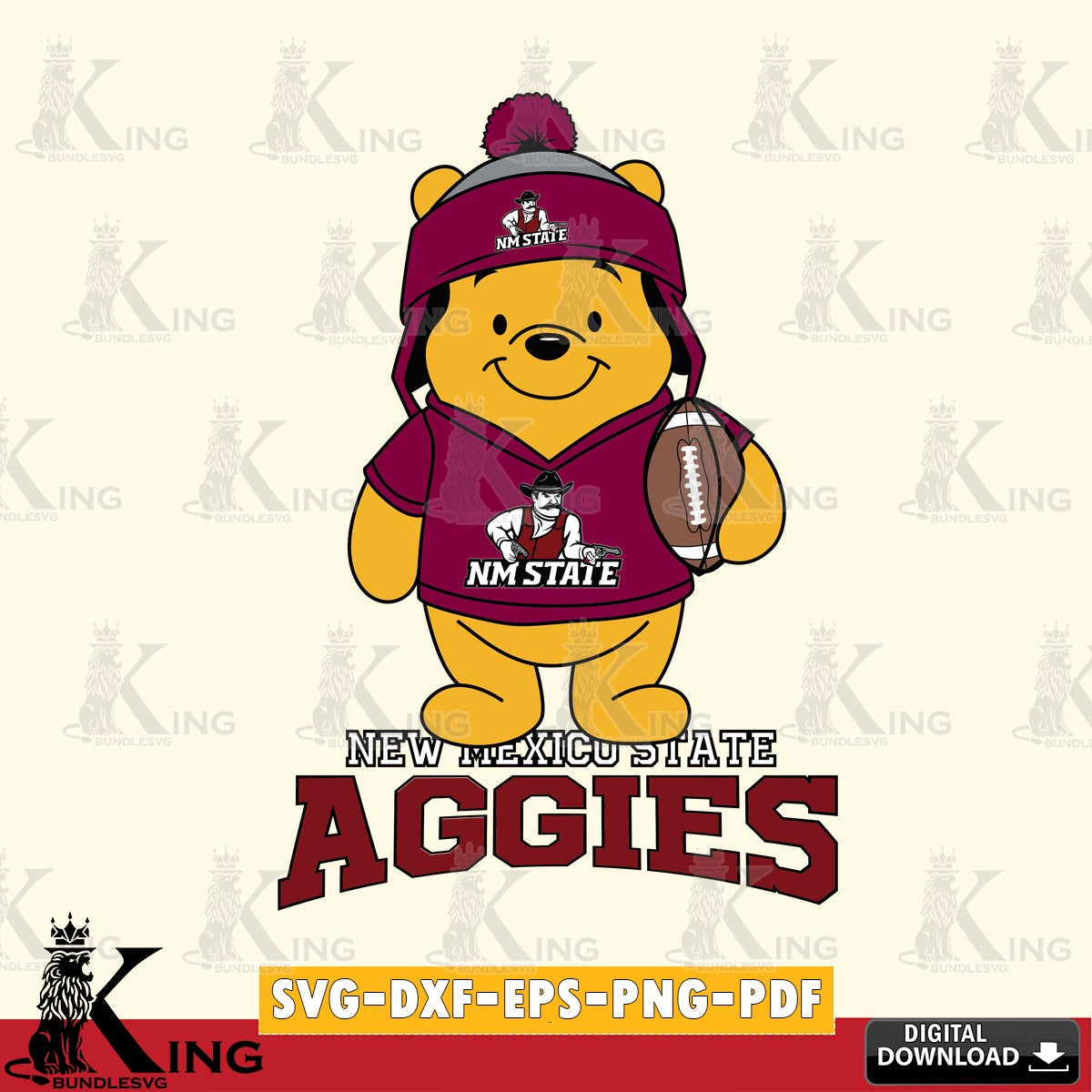 Vector design showing New Mexico State Aggies Winnie the Pooh player football, versatile clip art for stickers, decals, and mugs