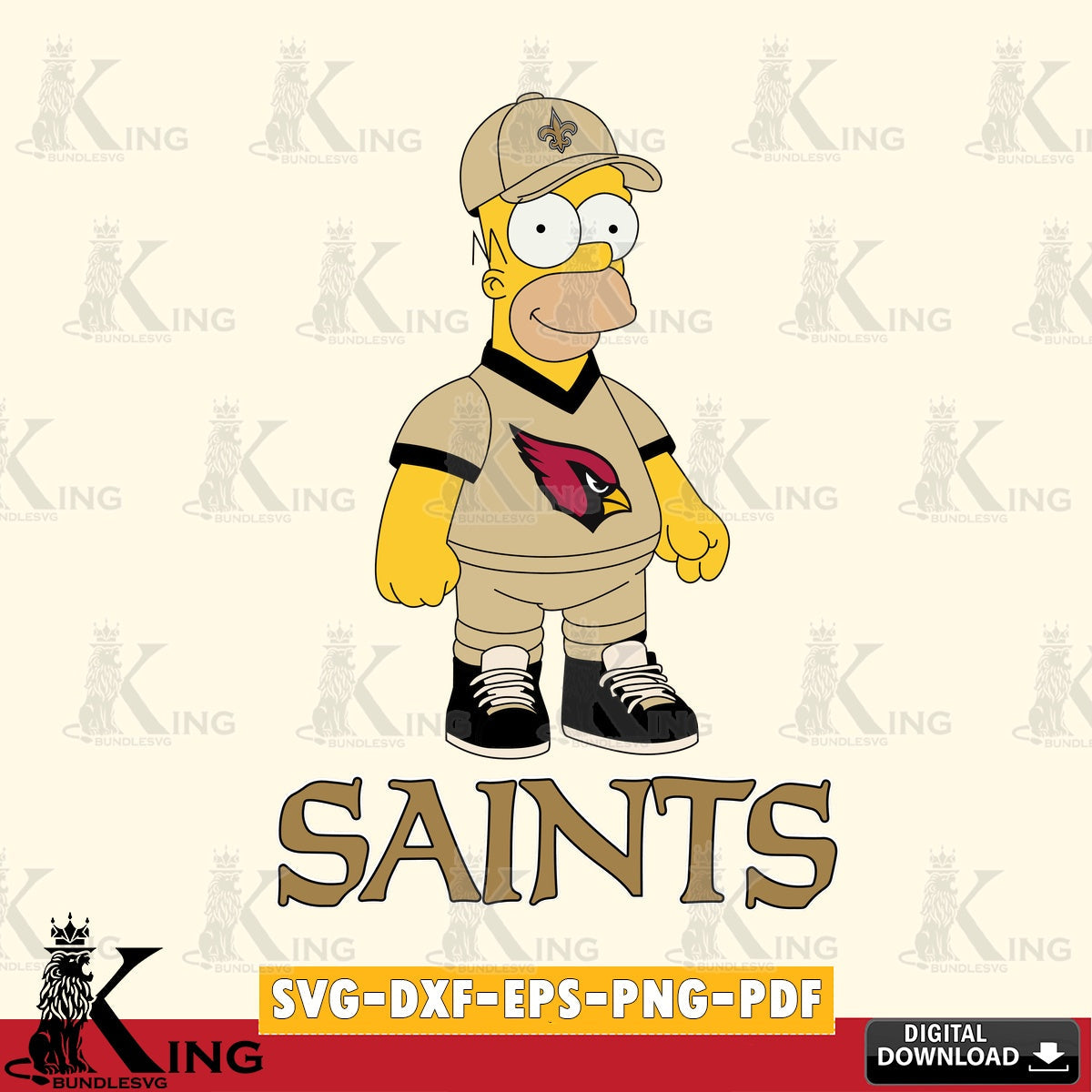 Artistic drawing of New Orleans Saints Homer Simpson playing football, crafting file for iron-on transfer and vinyl decals.