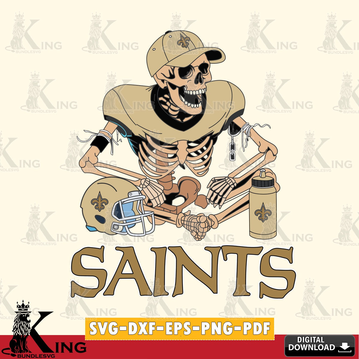 Digital download featuring a New Orleans Saints skeleton player football, a printable vector design for sublimation and crafts.
