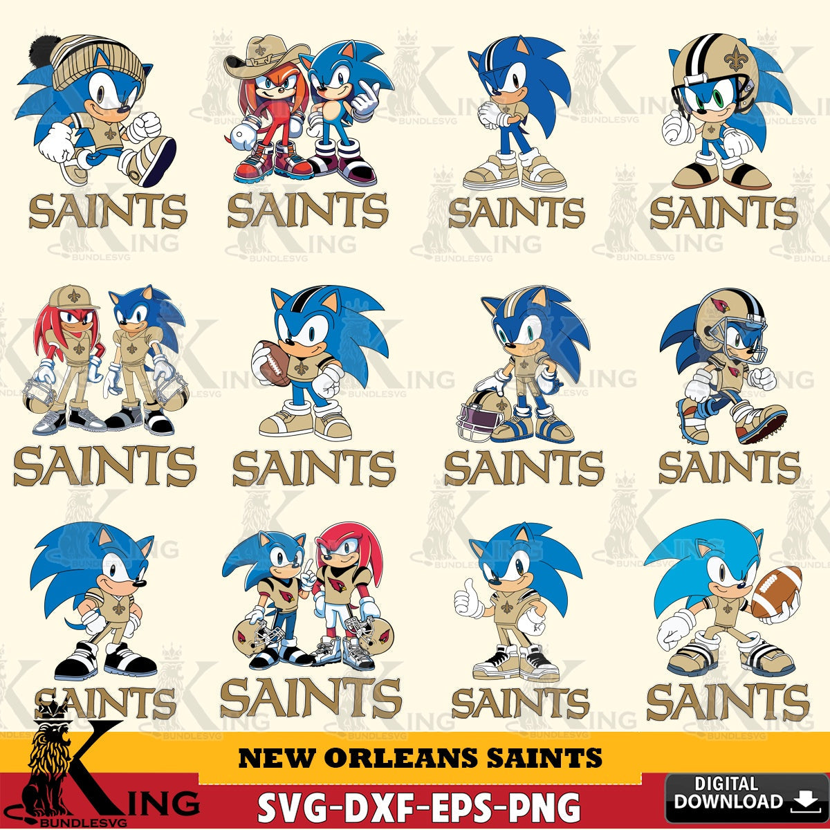 Complete bundle for New Orleans Saints Sonic & Knuckles NFL Football crafting file for iron-on transfer and vinyl decals