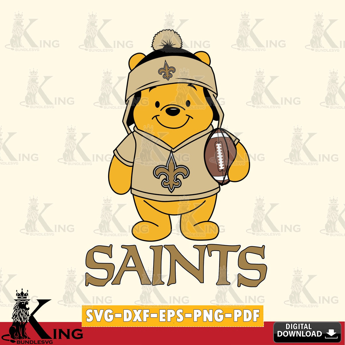 Custom design featuring New Orleans Saints Winnie the Pooh player football crafting file for iron-on transfer and vinyl decals.