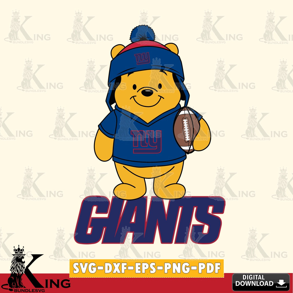 Unique artwork depicting a New York Giants Winnie the Pooh player in a football design, SVG cut file for personalized gifts and