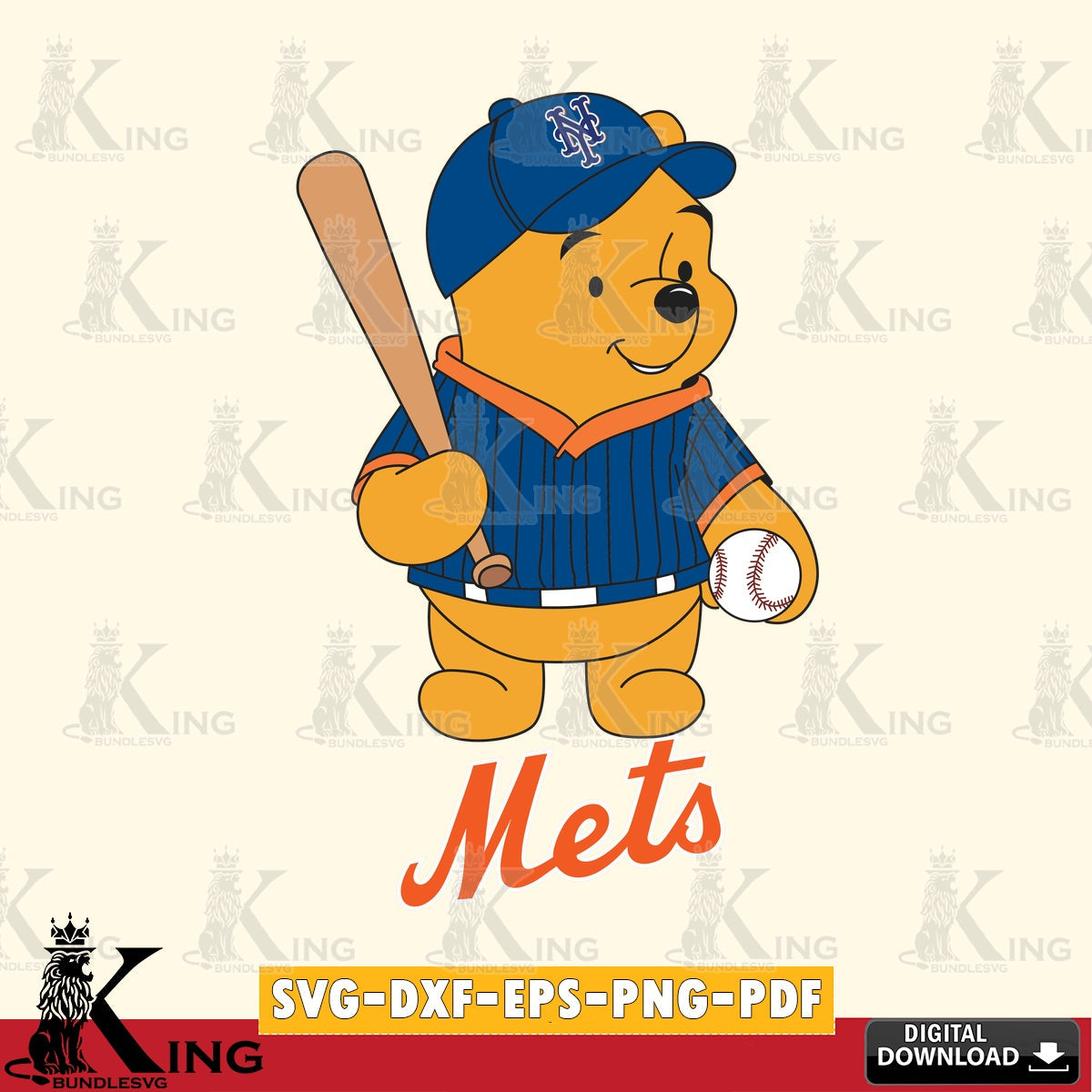 Eye-catching graphic of New York Mets Baseball Batter Winnie the Pooh vector illustration for POD merchandise and apparel