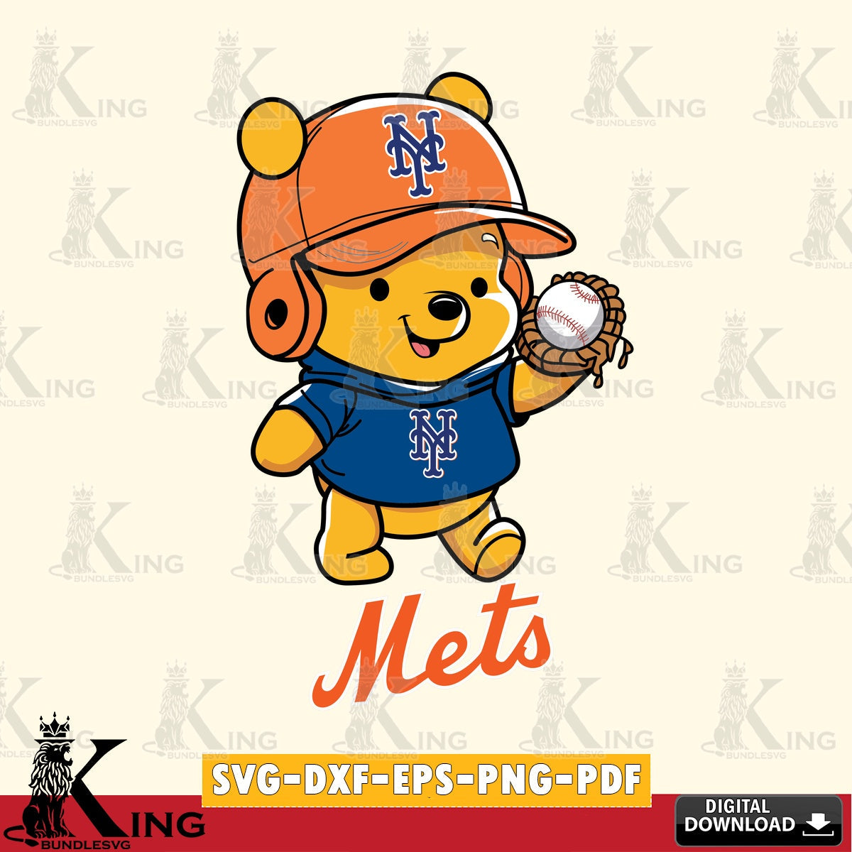 Detailed illustration of New York Mets Pooh Bear playing baseball, a digital clipart compatible with laser engraving and cutting
