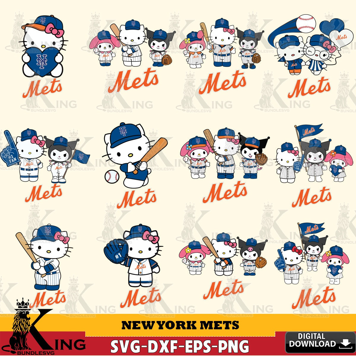 Variety pack of New York Mets Sanrio Squad Baseball MLB Bundle, high-quality vector for DIY scrapbooking and home decor