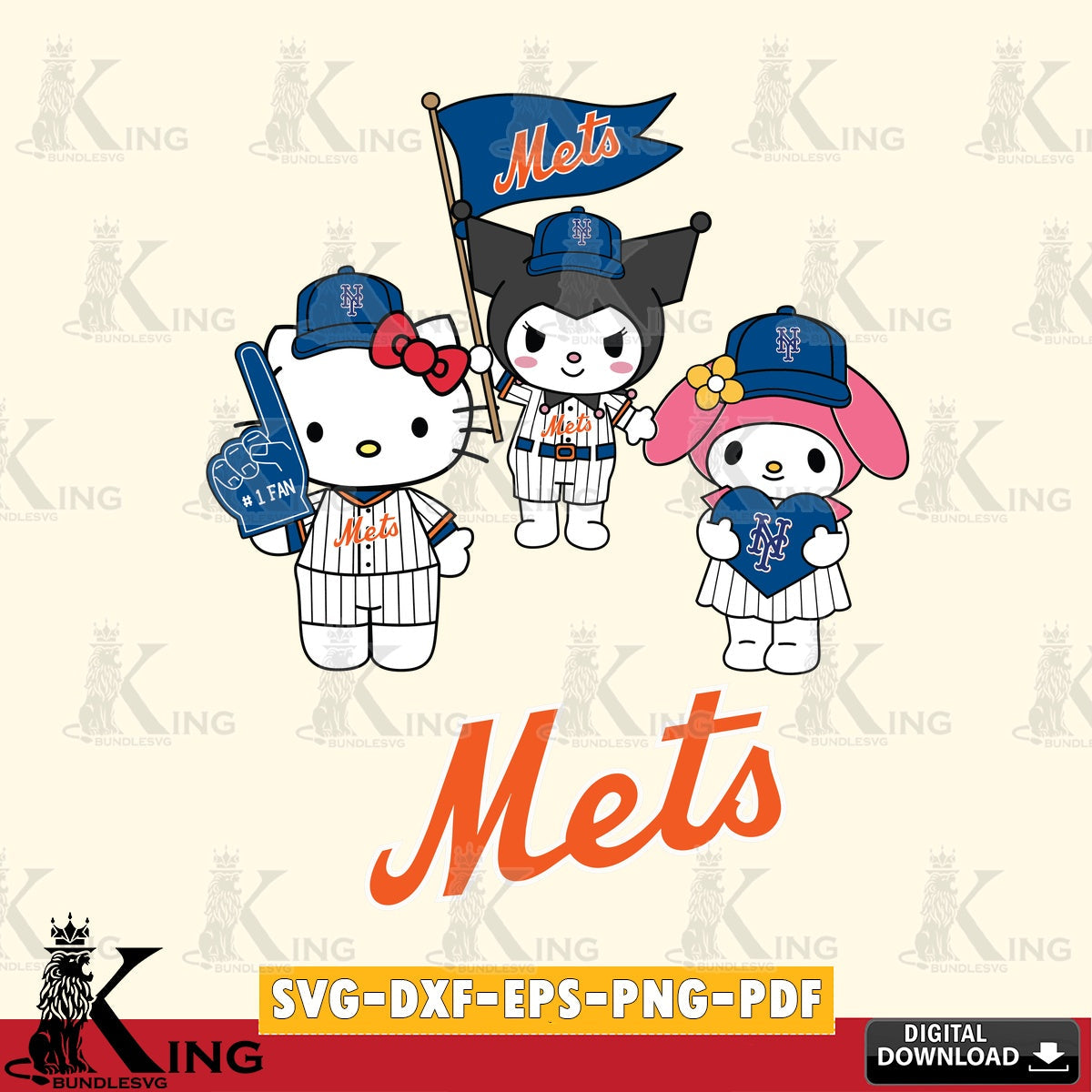 Modern graphic depicting New York Mets Sanrio Squad cute, a digital download for Cricut Maker and paper crafts