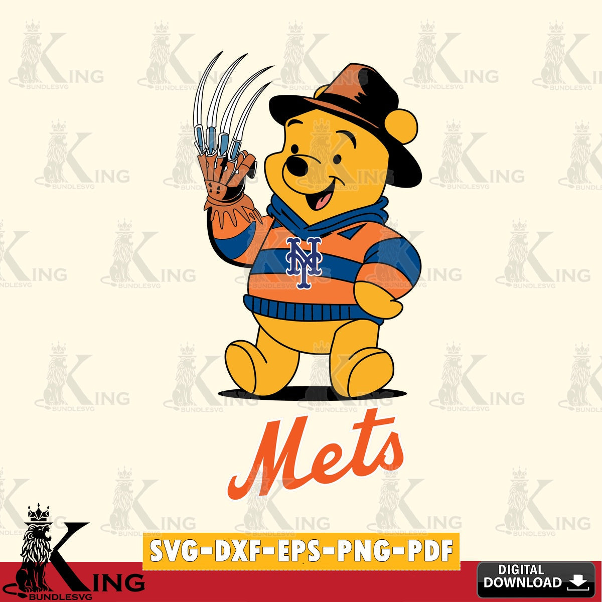 Custom design featuring New York Mets Winnie the Pooh Freddy Krueger baseball, high-quality vector for DIY scrapbooking and home