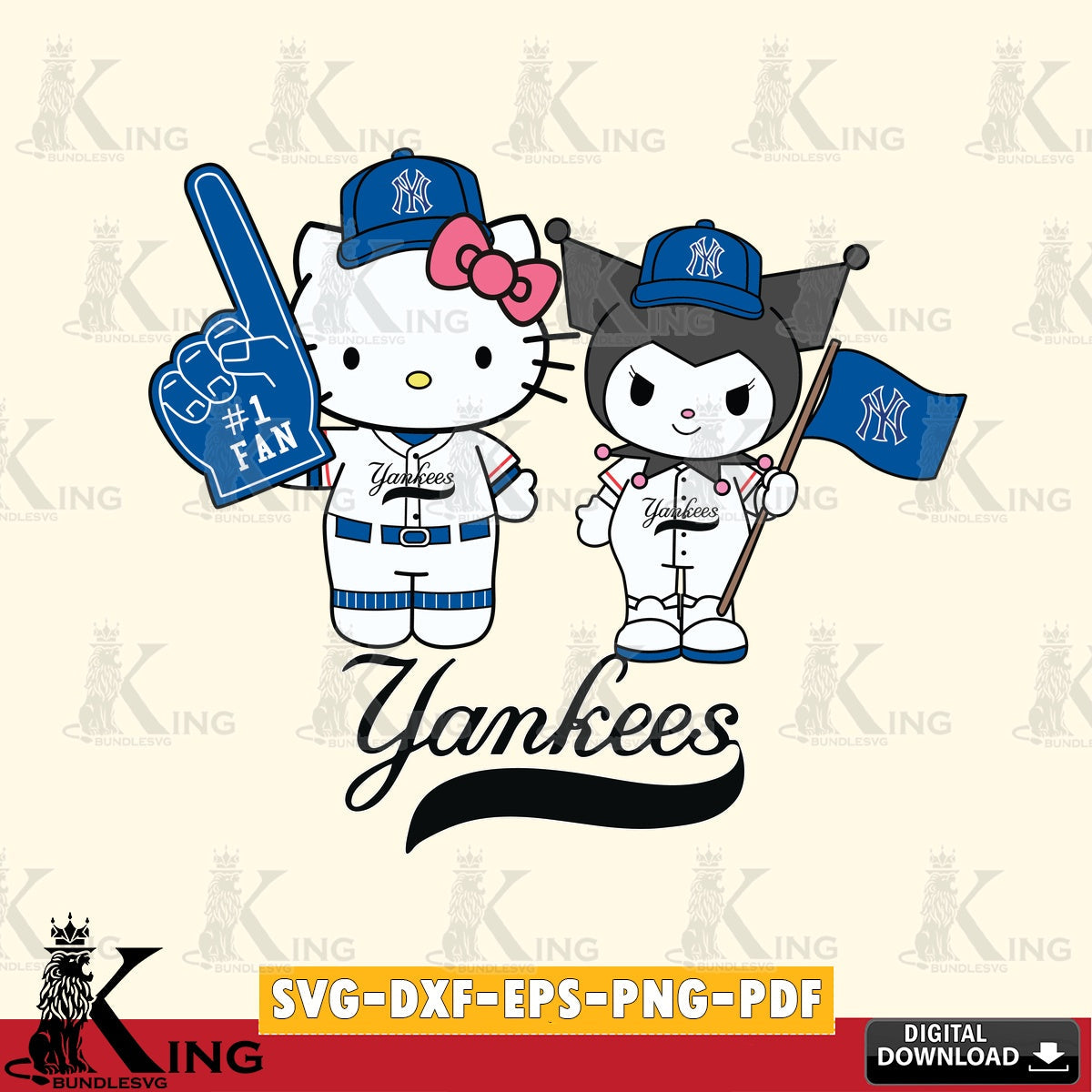 Complete bundle for New York Yankees Hello Kitty Kuromi fan baseball digital clipart compatible with laser engraving and cutting