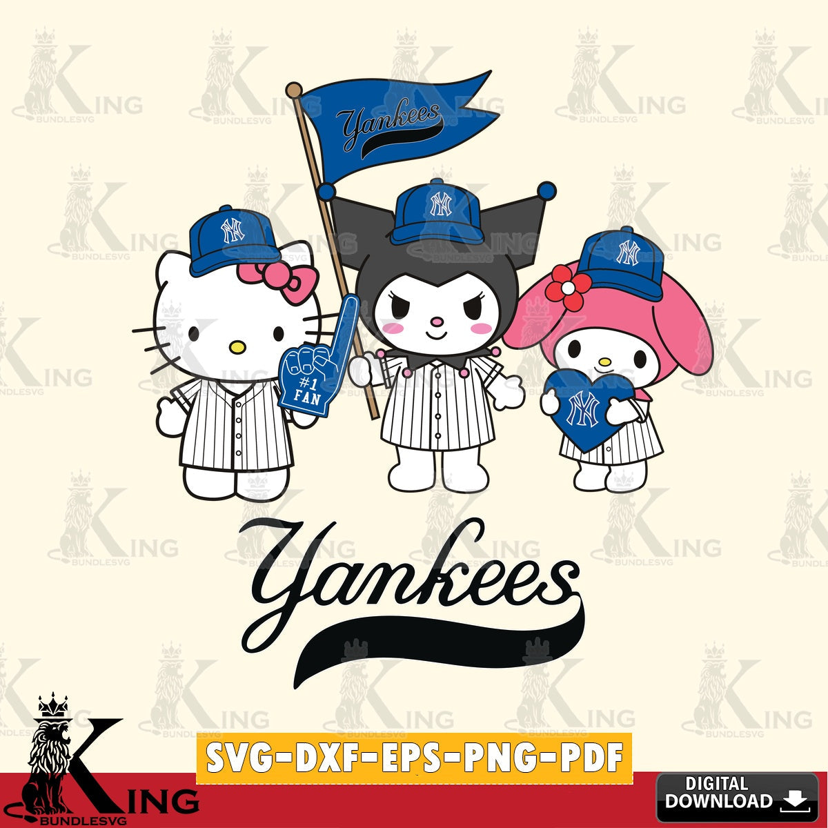 Modern graphic depicting New York Yankees Kawaii friends baseball, crafting file for iron-on transfer and vinyl decals