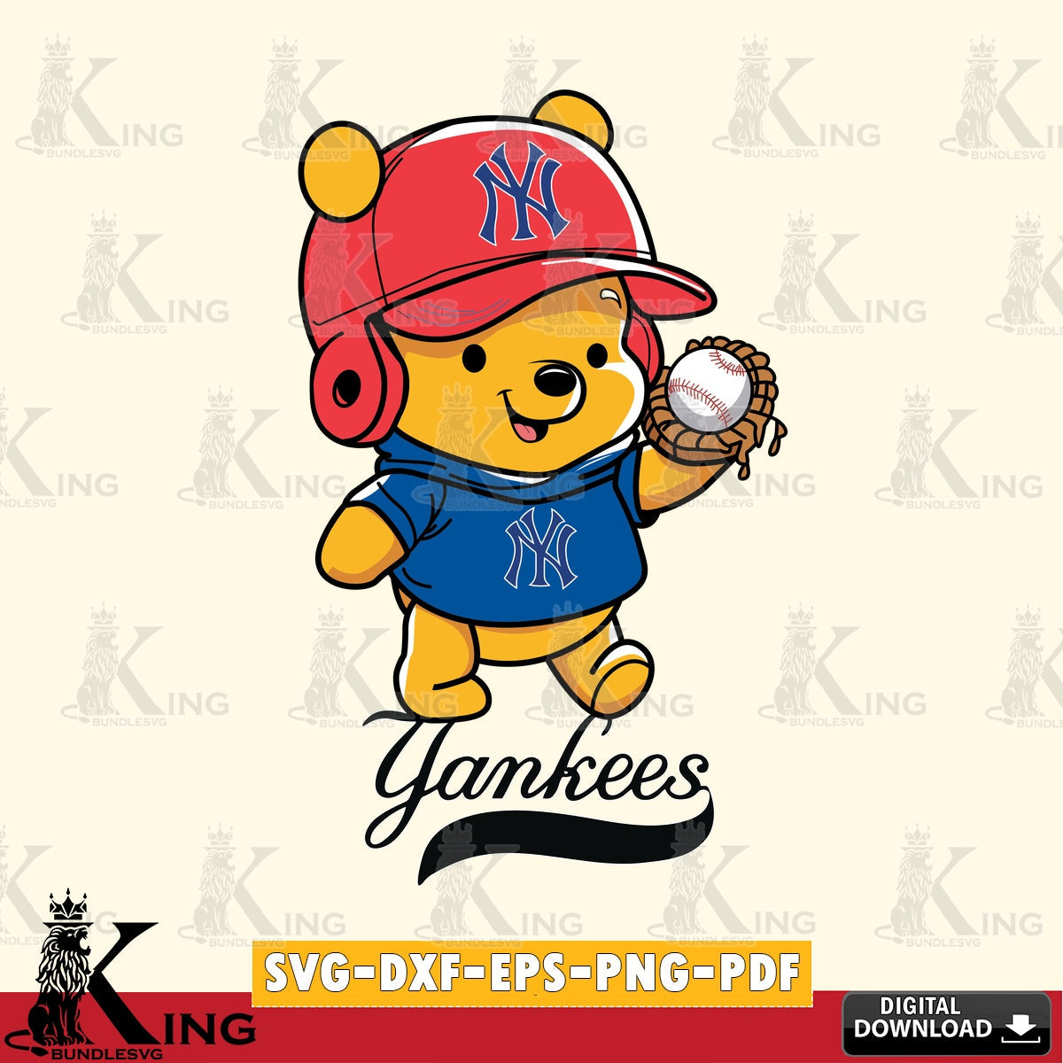 Digital download featuring New York Yankees Pooh Bear baseball, a high-quality vector for DIY scrapbooking and home decor.