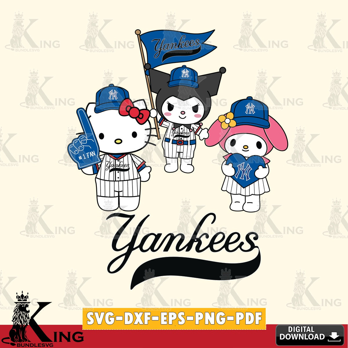 Modern graphic depicting New York Yankees Sanrio Squad cute design PNG clipart for sublimation printing and graphic design