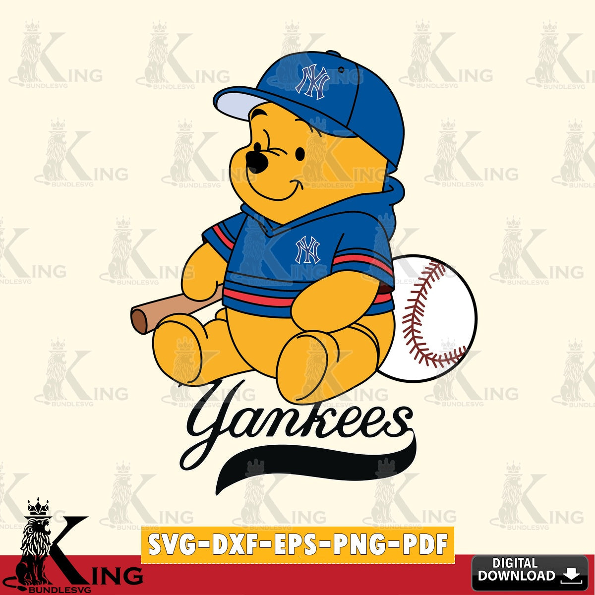 Printable art of New York Yankees Winnie the Pooh Baseball vector art for engraving, cutting, and printing