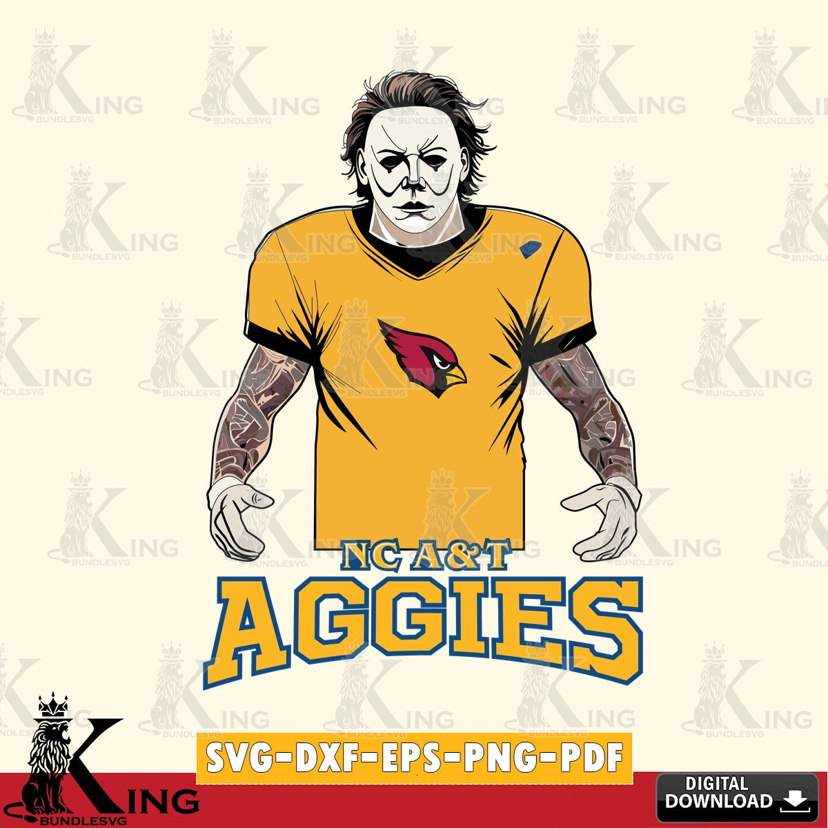 Detailed illustration of a North Carolina A&T Michael Myers tattoo football, SVG cut file for personalized gifts and laser