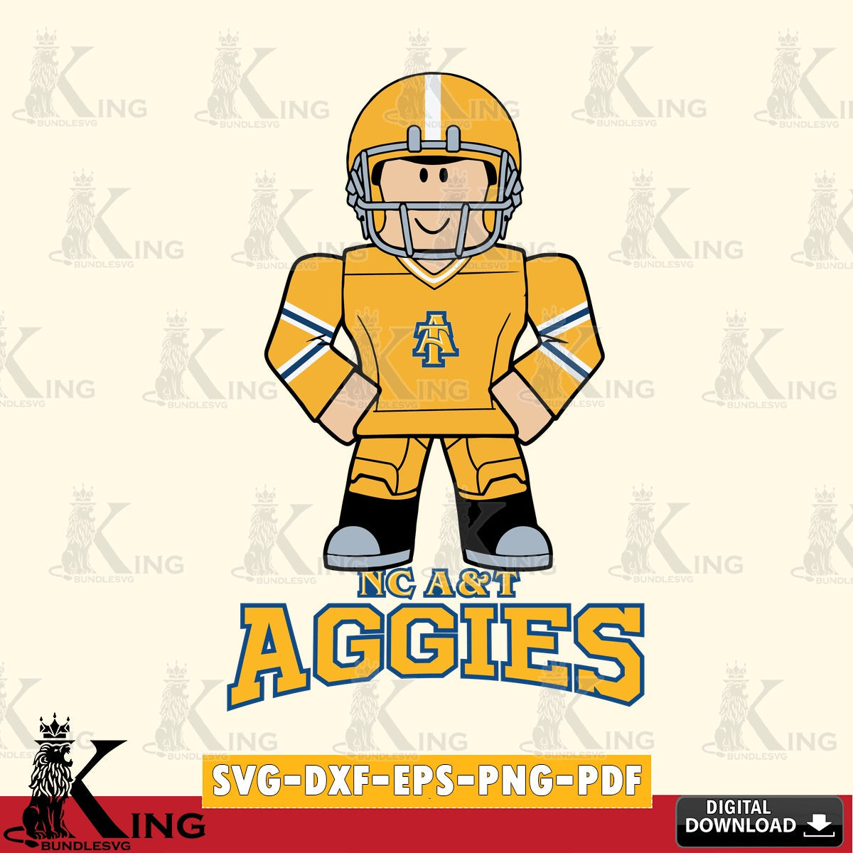 Modern graphic depicting North Carolina A&T Roblox cool football, NCAA Cricut, file cut, digital, high-quality vector for DIY