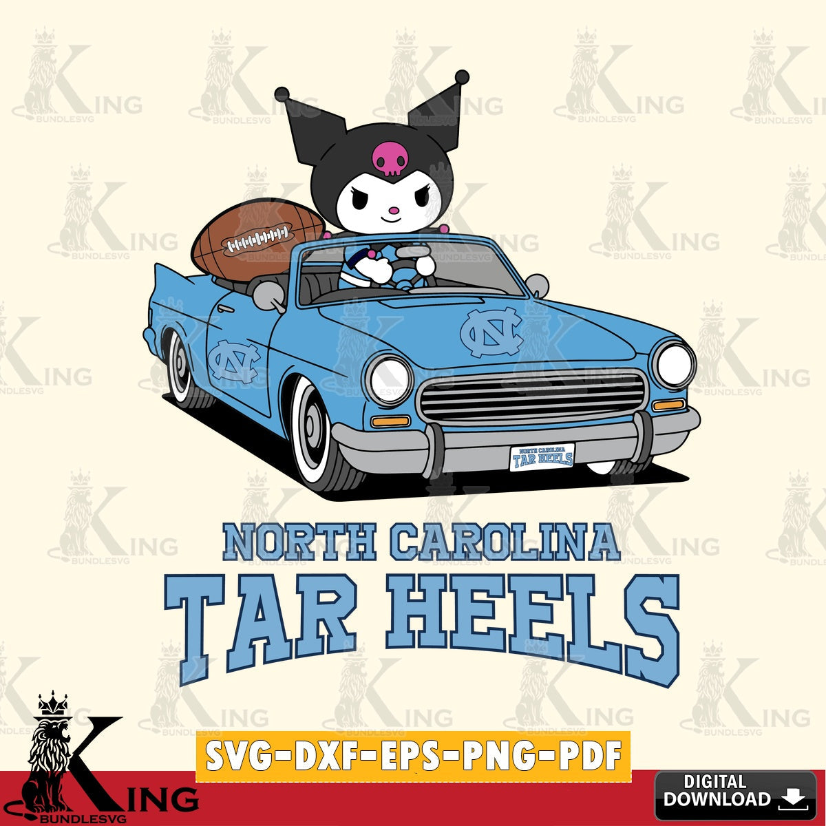 North Carolina Tar Heels Kuromi Car Football Game SVG file, Cricut, Cut file , Digital Download , Instant Download, Sanrio svg, Clipart