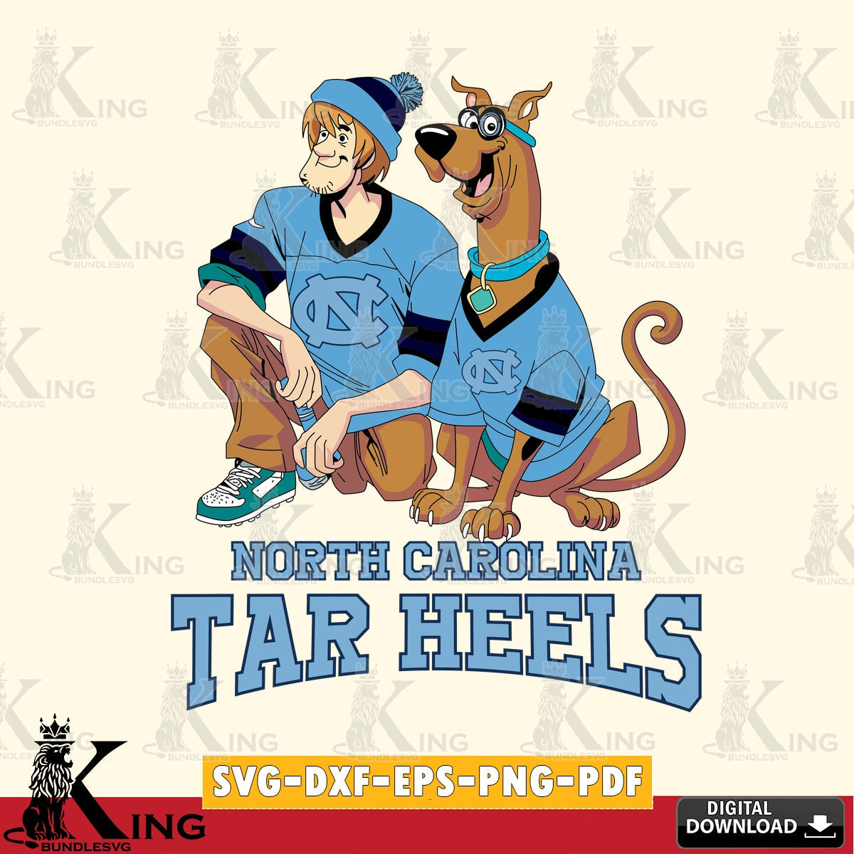 Hand-drawn style art of North Carolina Tar Heels Shaggy and Scooby Doo football, cut file ideal for vinyl projects and T-shirt