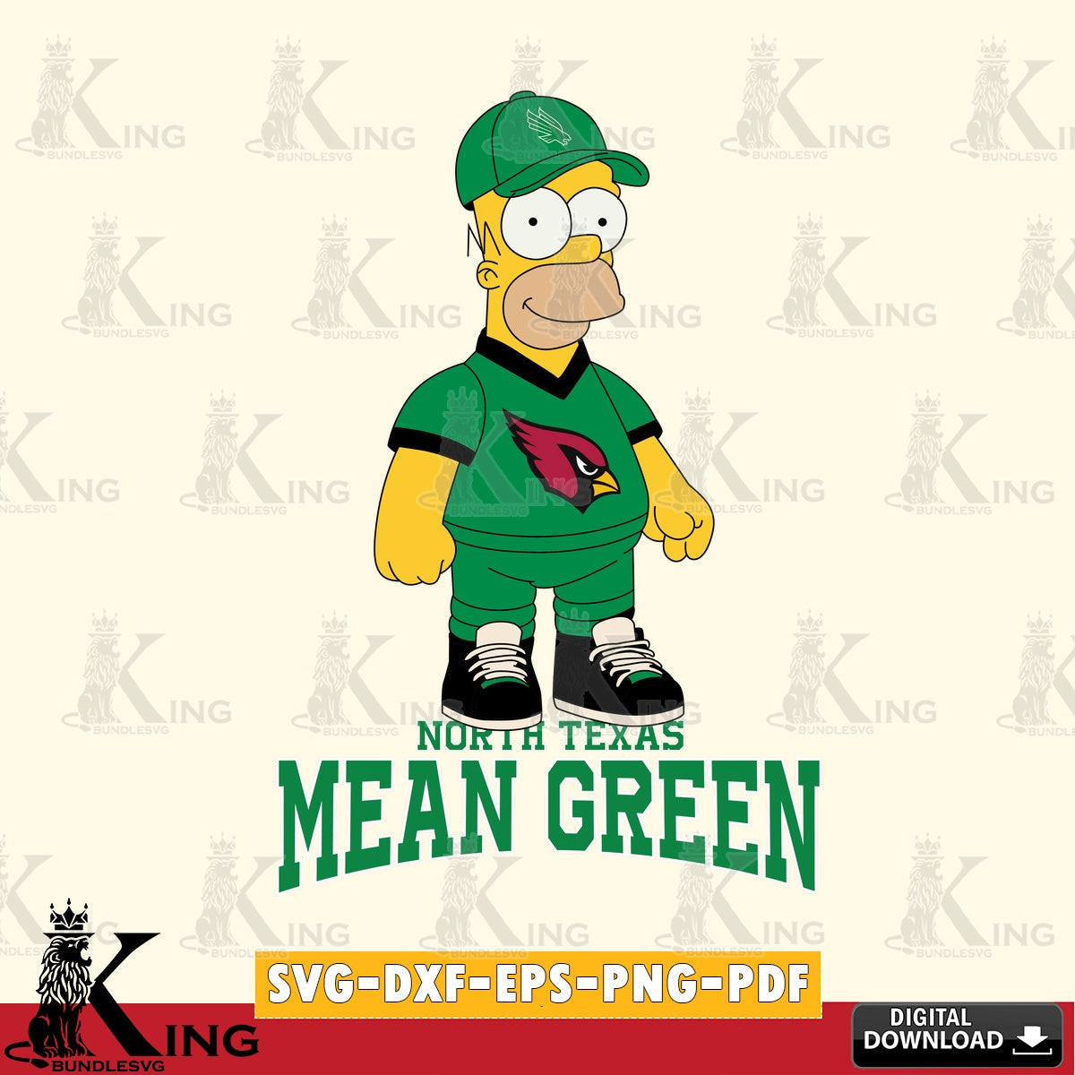Artistic drawing of a North Texas Mean Green Homer Simpson football design, PNG clipart for sublimation printing and graphic