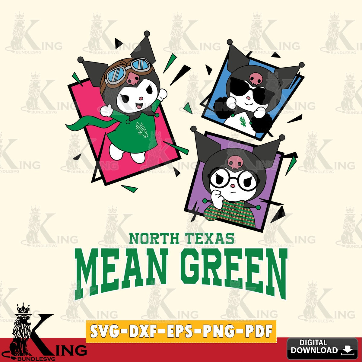 North Texas Mean Green Kuromi Action Football SVG file, Cricut, Cut file , Digital Download , Instant Download, Sanrio svg, Clipart