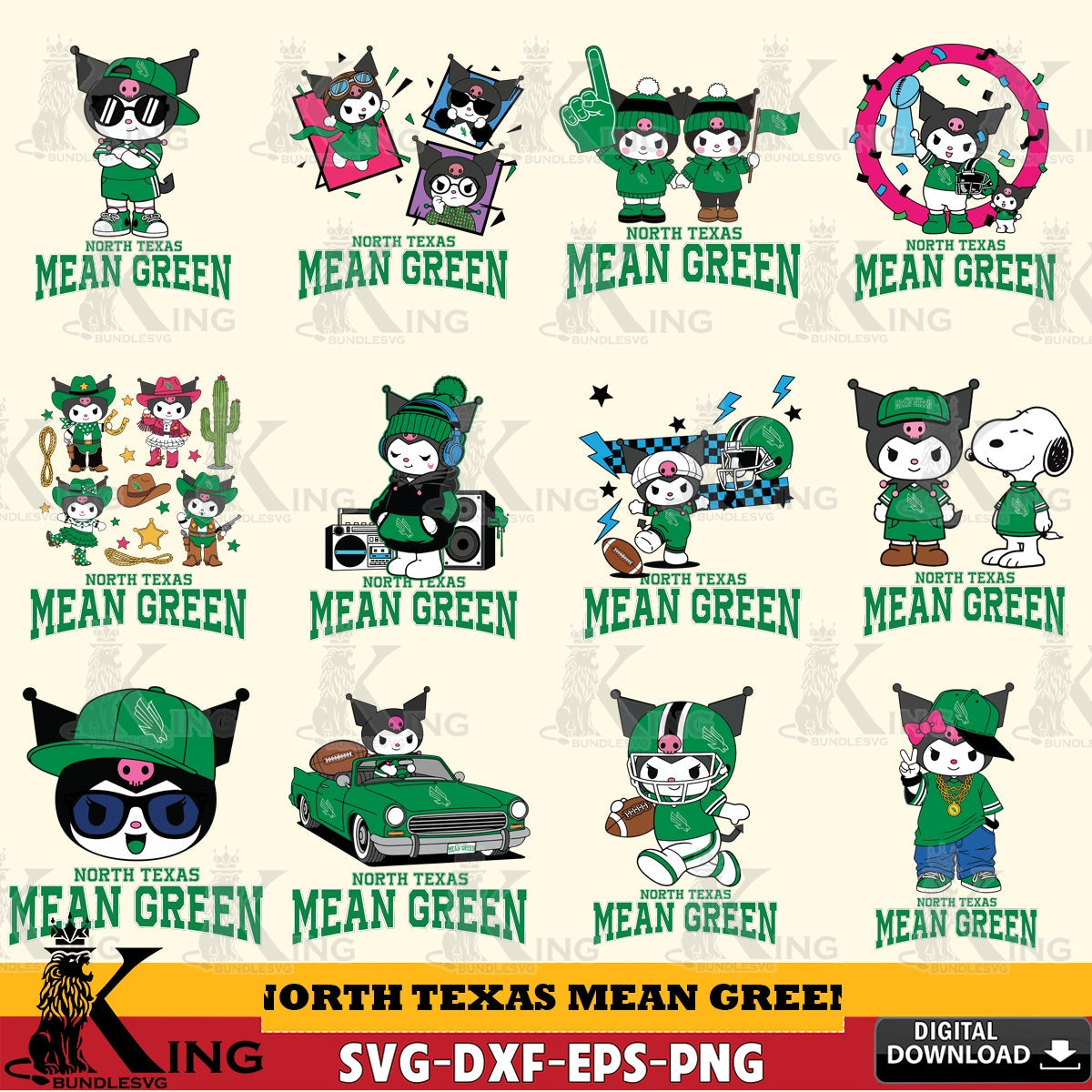 North Texas Mean Green Kuromi Football Jersey NCAA Bundle SVG file, Cricut, Cut file , Digital Download , Instant Download, Sanrio svg, Clipart