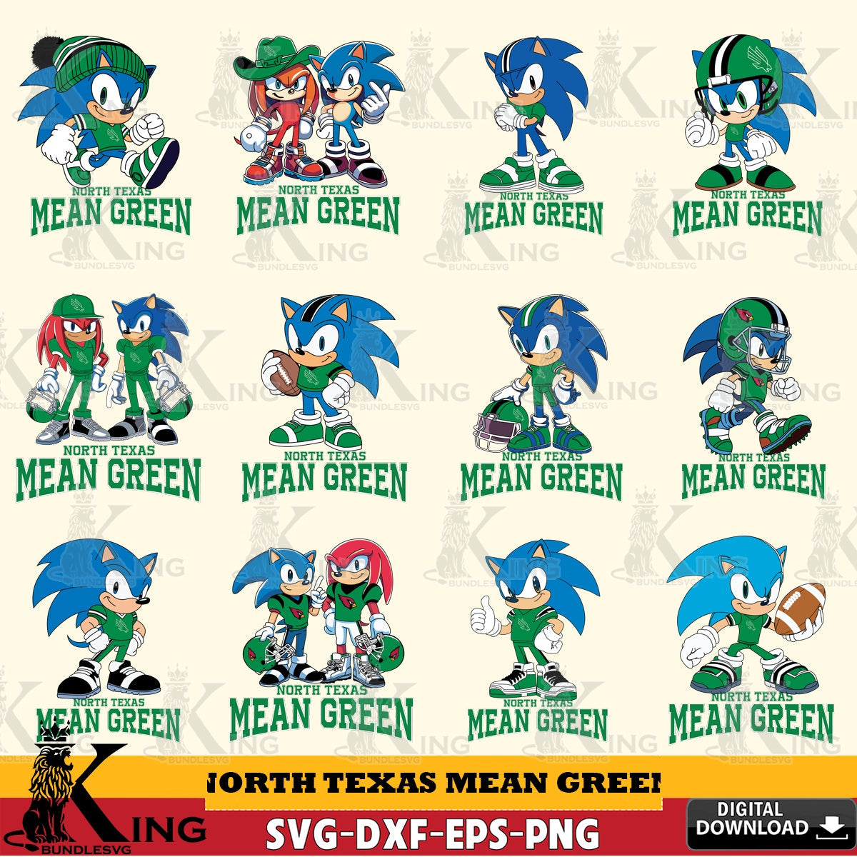 Ultimate set containing North Texas Mean Green Sonic & Knuckles NCAA Football Bundle, high-quality vector for DIY scrapbooking