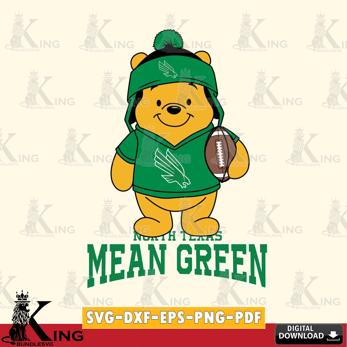 Detailed illustration of North Texas Mean Green Winnie the Pooh football player, high-quality vector for DIY scrapbooking and