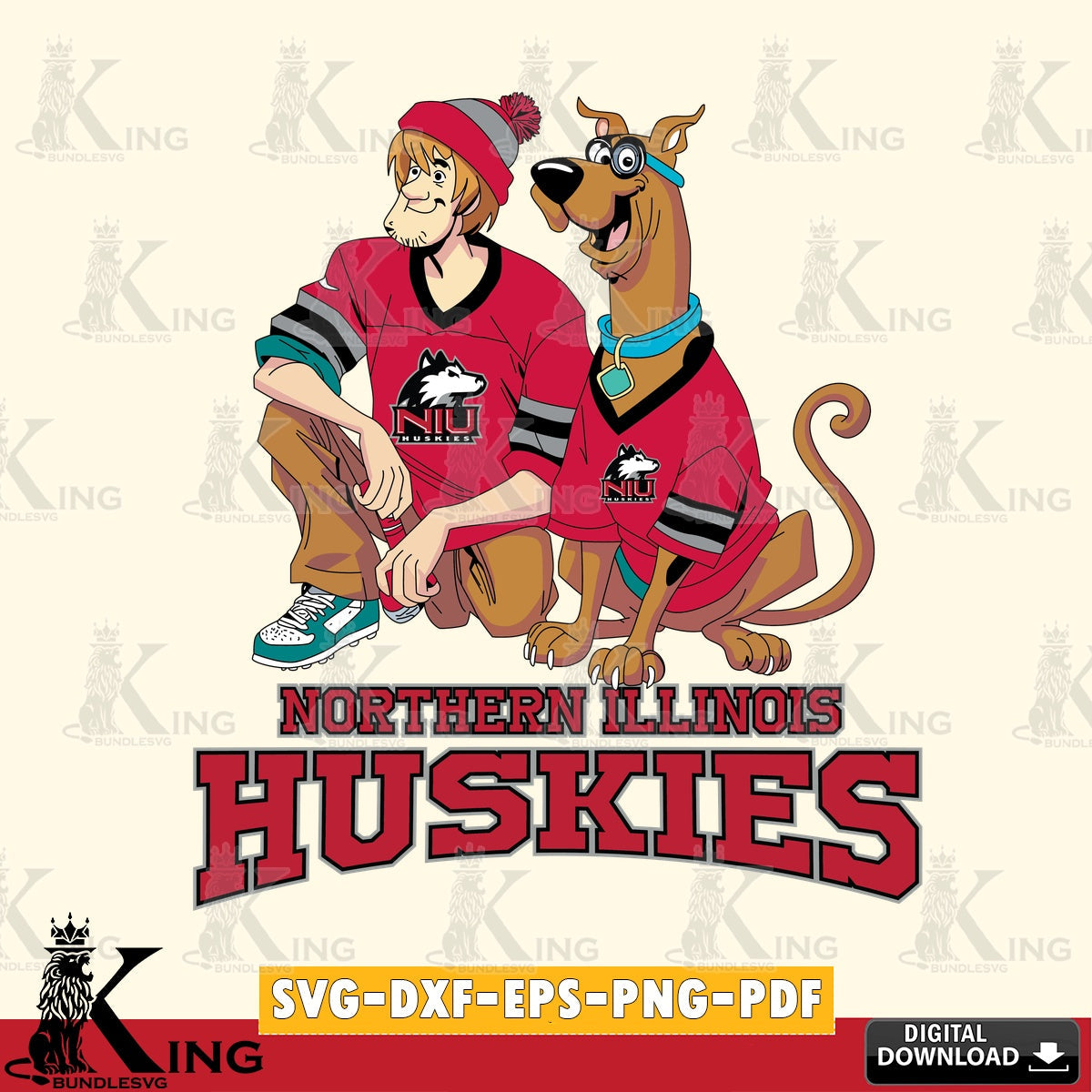 Digital download featuring Northern Illinois Huskies Shaggy and Scooby Doo football vector illustration for POD merchandise and
