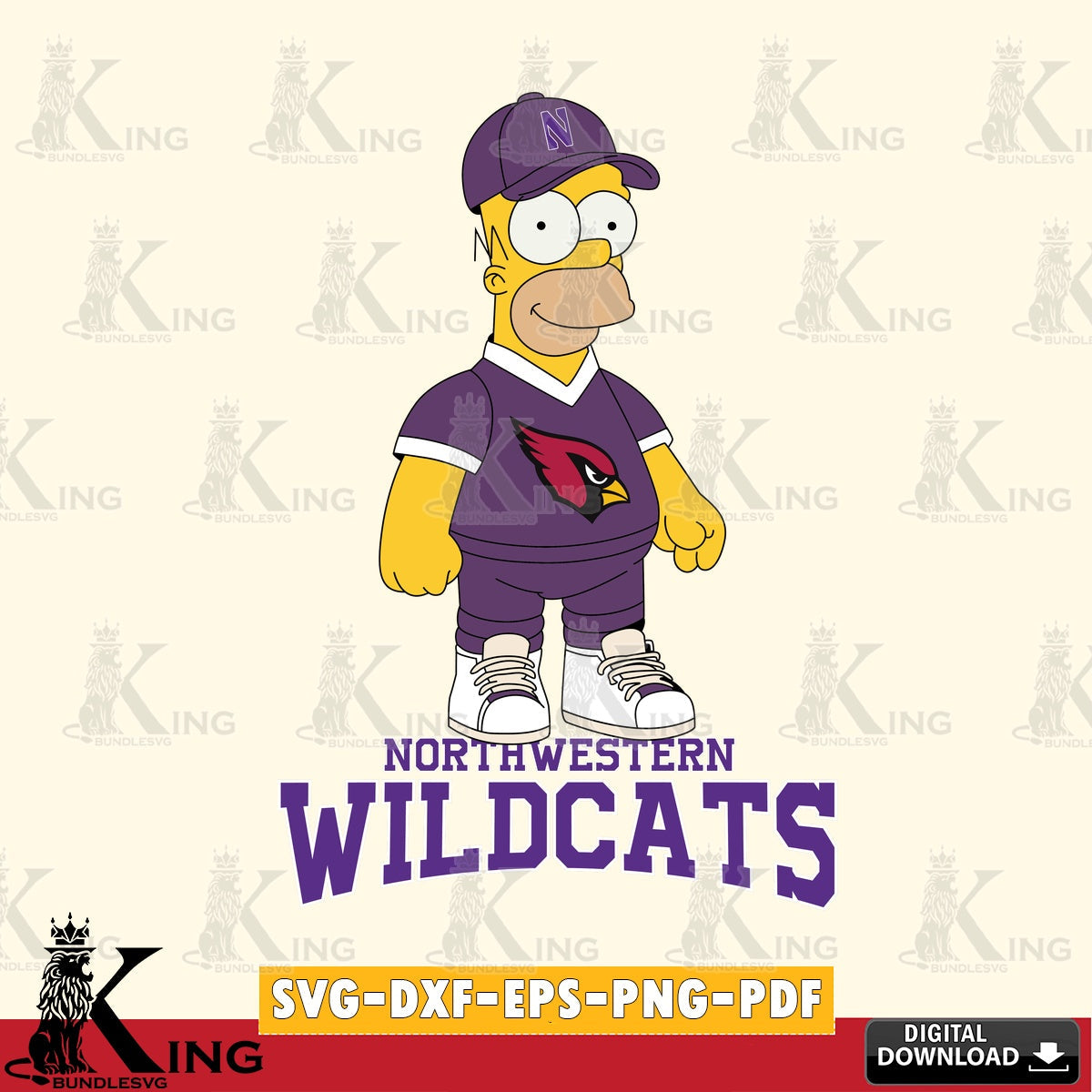 Modern graphic depicting Northwestern Wildcats Homer Simpson Football, SVG cut file for personalized gifts and laser projects