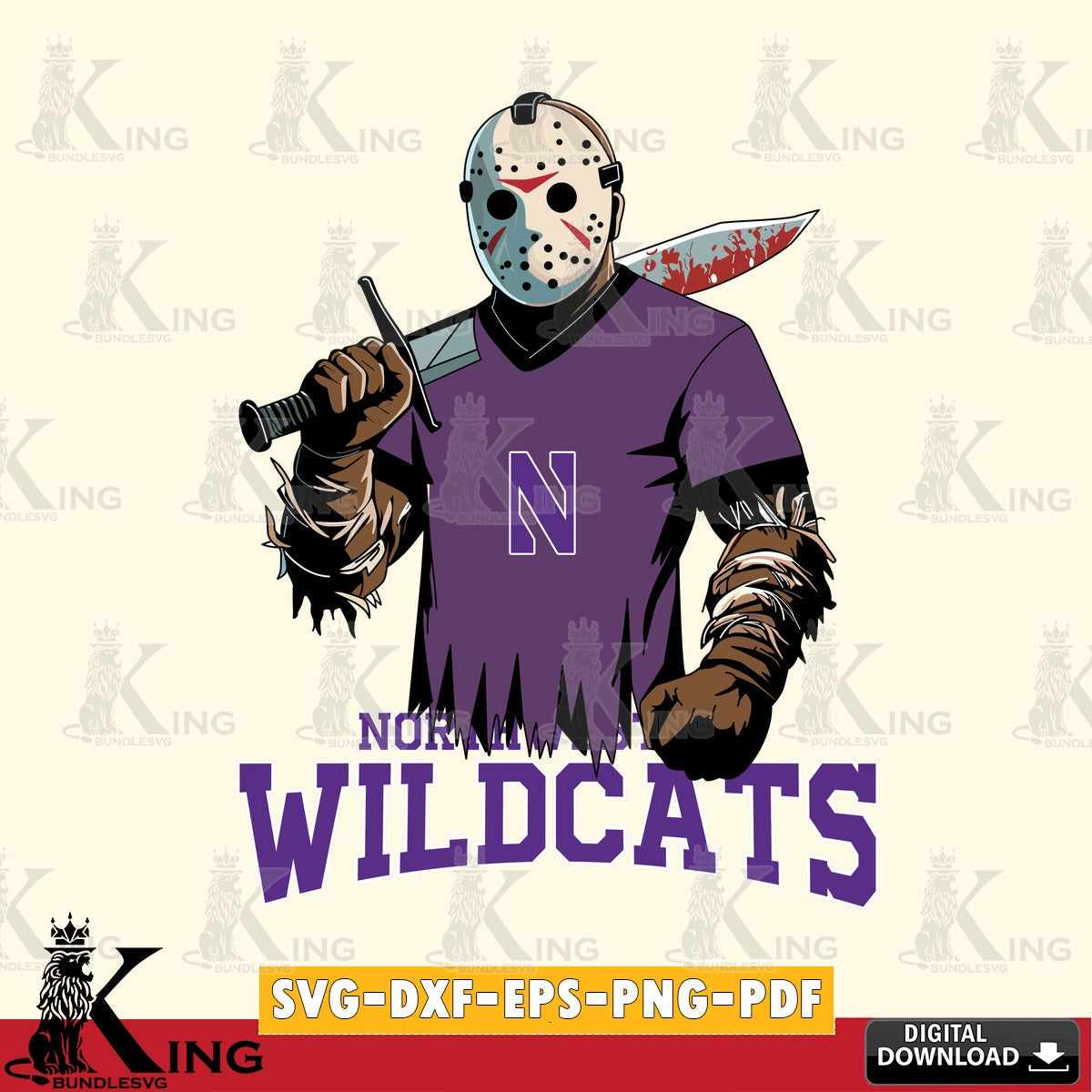 Digital download featuring Northwestern Wildcats Jason Voorhees football, a vector illustration for POD merchandise and apparel.