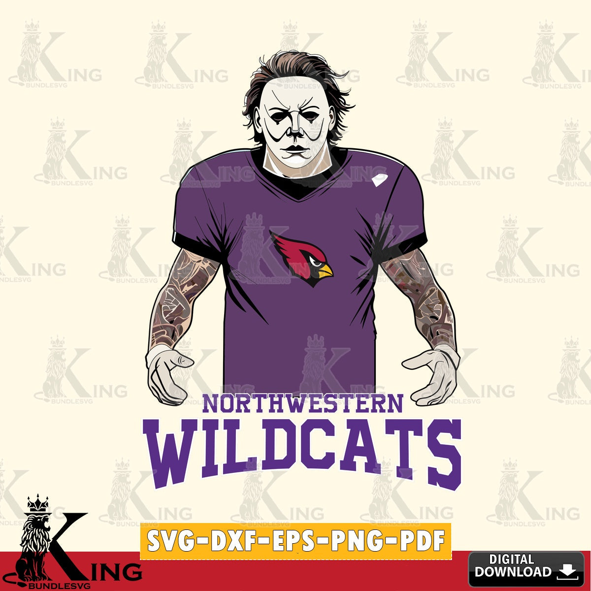 Artistic drawing of Northwestern Wildcats Michael Myers tattoo football, vector illustration for POD merchandise and apparel