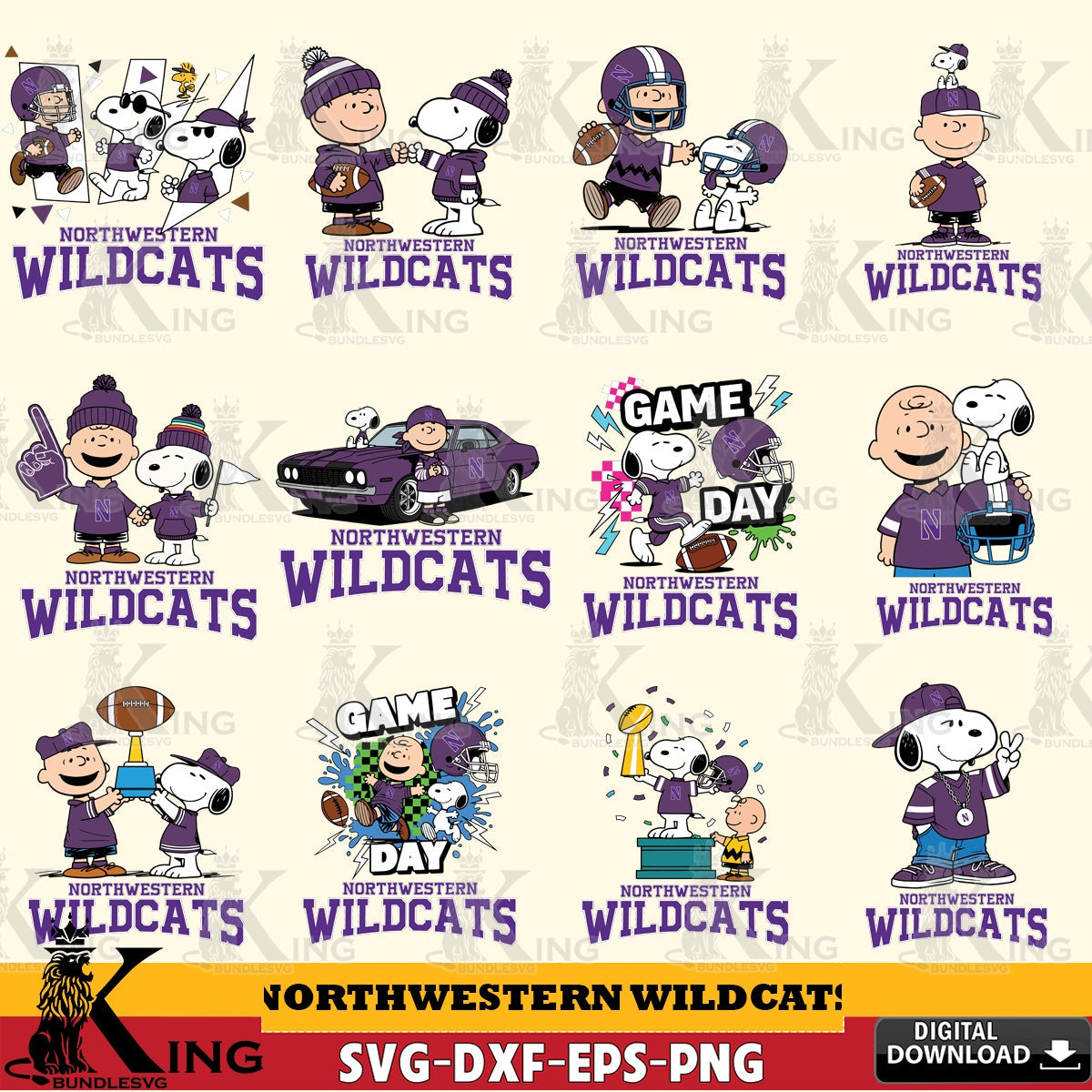 Northwestern Wildcats Peanuts Football NCAA Bundle SVG, Cricut, Cut file , Digital Download , Instant Download, Peanuts svg, NCAA svg, Football svg, Sport svg