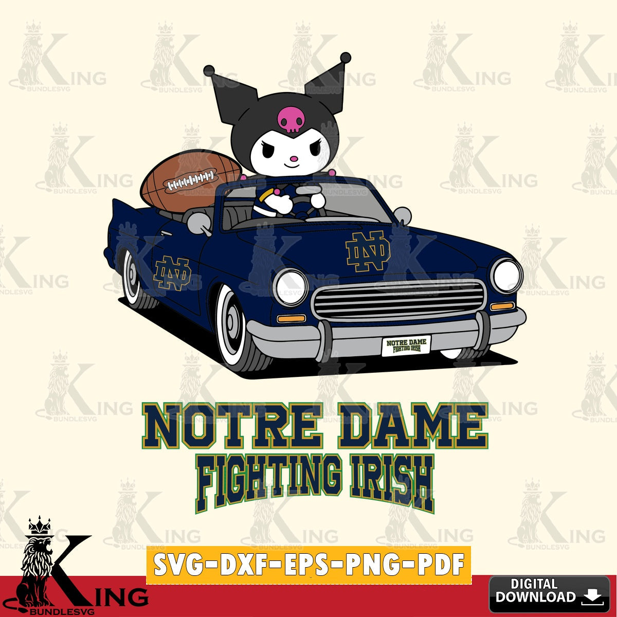 Notre Dame Fighting Irish Kuromi Car Football Game SVG file, Cricut, Cut file , Digital Download , Instant Download, Sanrio svg, Clipart