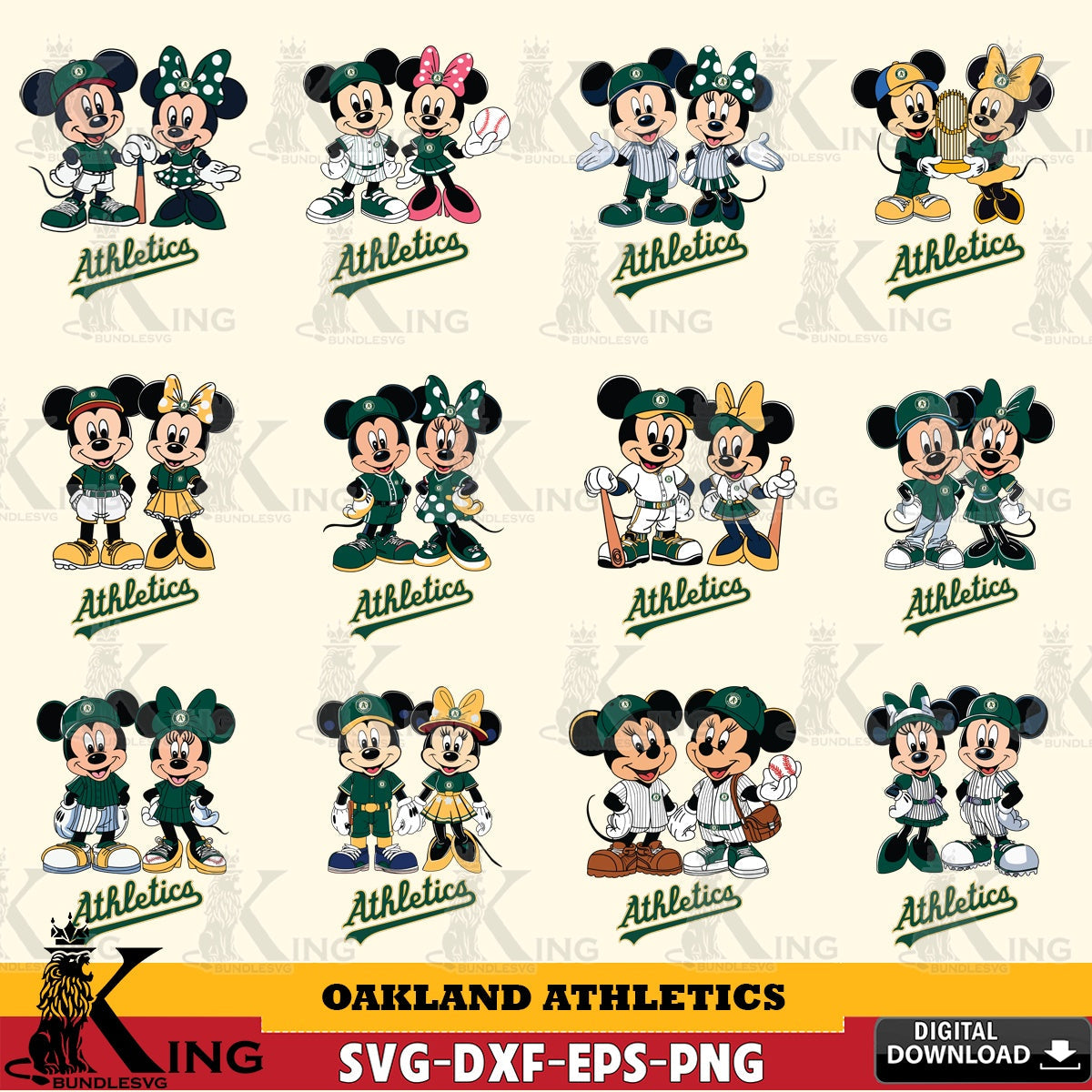 Oakland Athletics Mickey Minnie Baseball Player MLB Bundle SVG file , For Cricut, File cut , Digital Download , PDF File, Cut Files