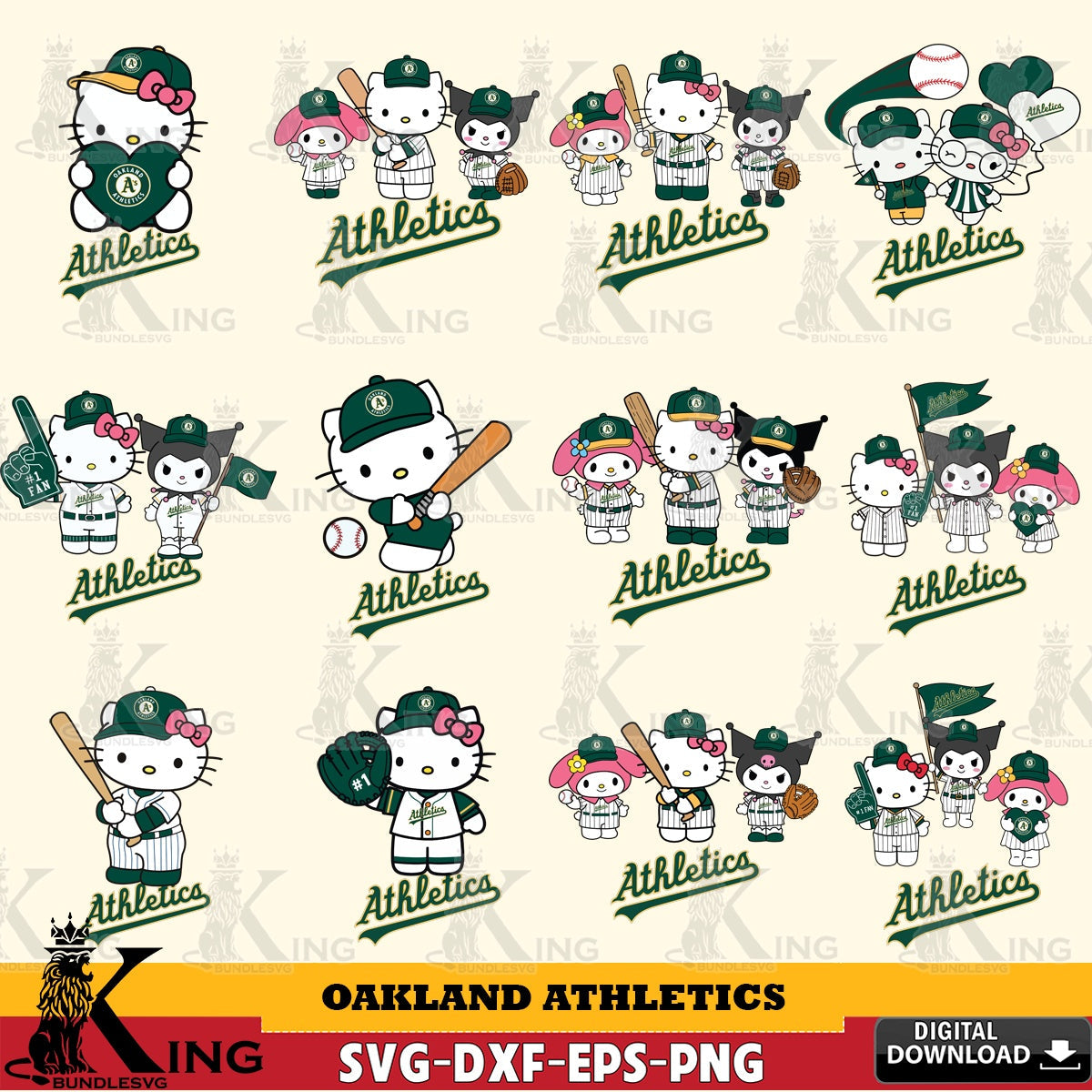 Complete bundle for Oakland Athletics Sanrio Squad Baseball MLB, high-quality vector for DIY scrapbooking and home decor