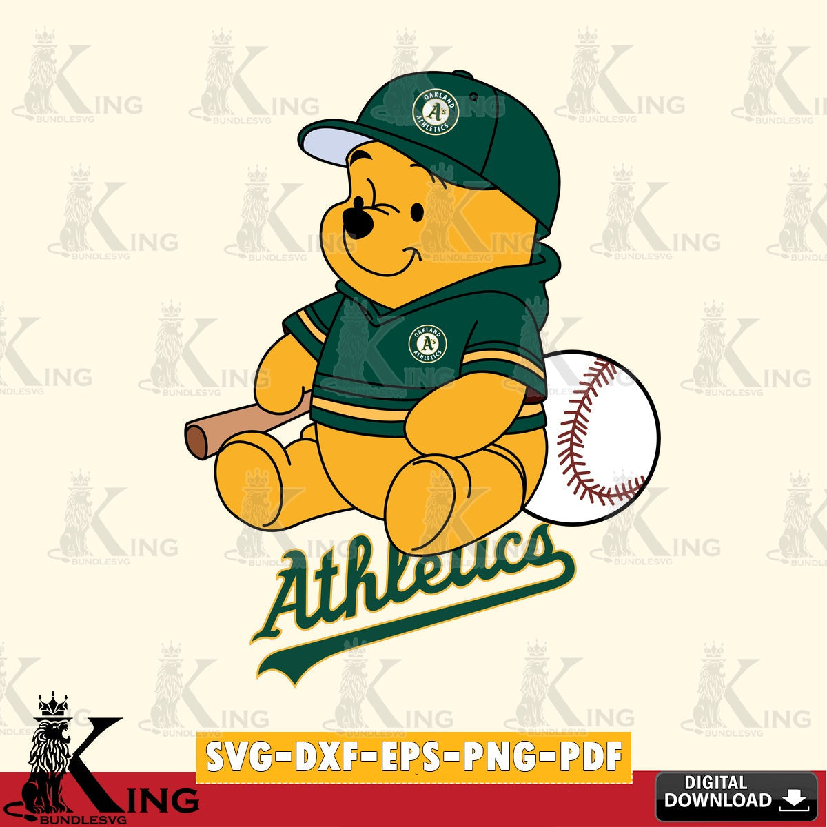 Detailed illustration of Oakland Athletics Winnie the Pooh baseball SVG cut file for personalized gifts and laser projects