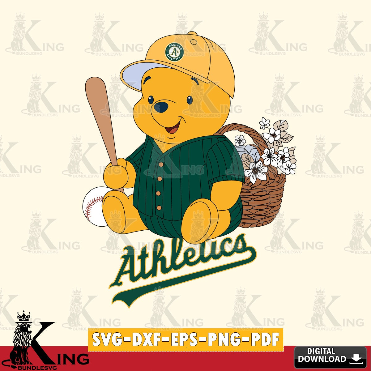 Artistic drawing of Oakland Athletics Winnie the Pooh Flower Baseball, printable vector design for sublimation and crafts