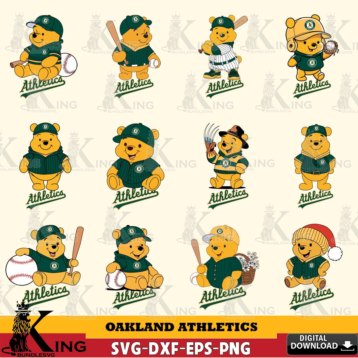 Comprehensive collection of Oakland Athletics Winnie the Pooh MLB baseball bundle, high-quality vector for DIY scrapbooking and
