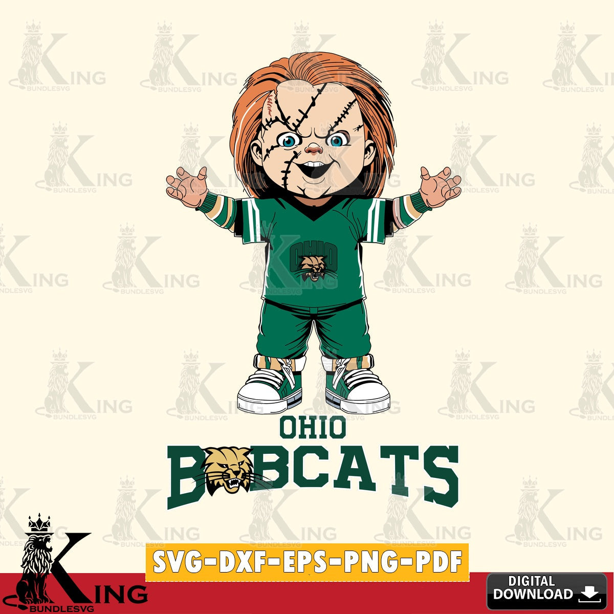 Hand-drawn style art of Ohio Bobcats Chucky Football, NCAA cut file ideal for vinyl projects and T-shirt printing
